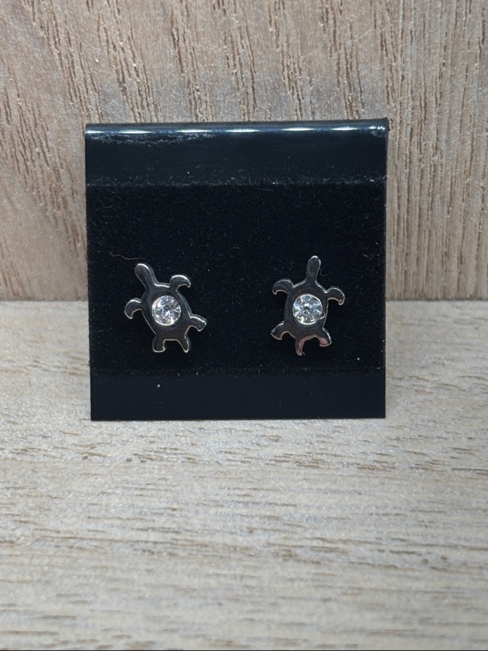 Turtle Stud Earrings with Clear Crystals - Silver Tone